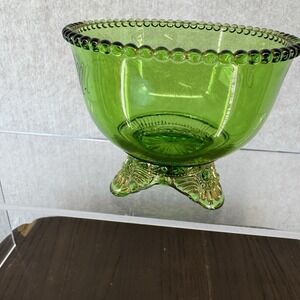 Antique EAPG Colorado green glass bowl Engraved Gold Accents 3.5"D